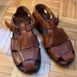 FISHERMAN SANDALS BROWN LEATHER FLATS SLIP ON BLOCK HEELS CHUNKY SHOES ITALY 39